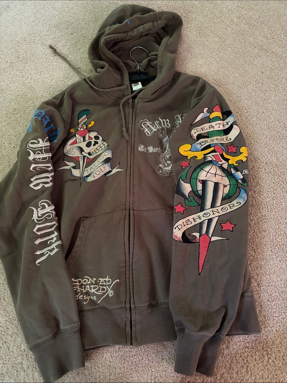 Ed Hardy New York Olive/Gray Hoodie with Blue Script & Multicolor Sleeve Accents